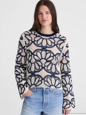 Madewell Floral-Embroidered Open-Stitch Sweater